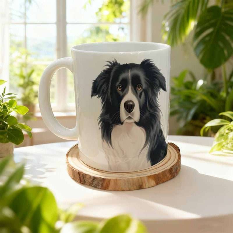 Tailorly White Ceramic 11 oz Mug - Realistic Detailed Black And White Border Collie Portrait Looking Forward Dog