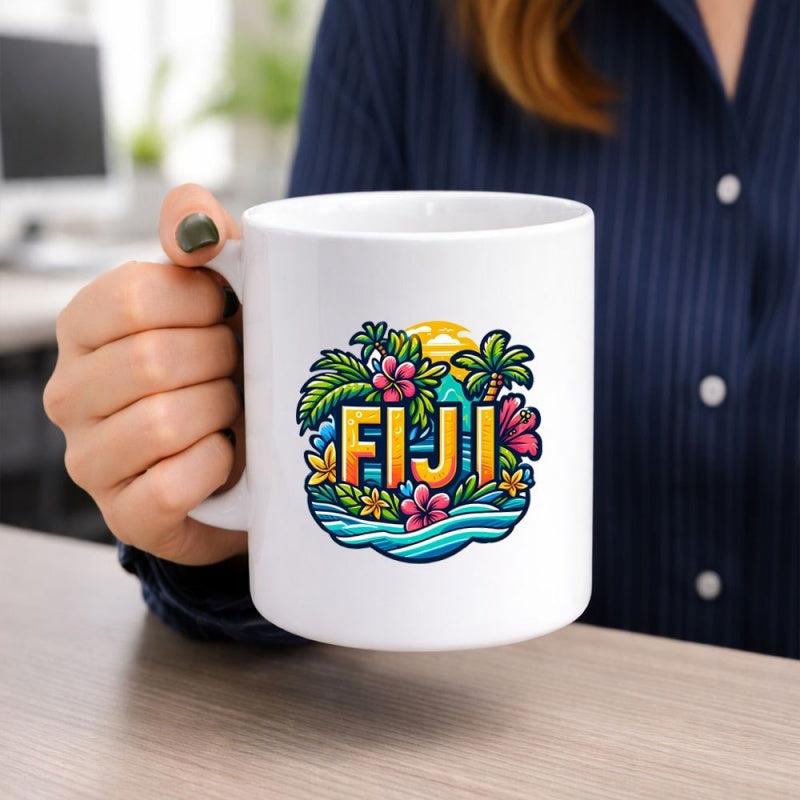 Tailorly White Ceramic 11 oz Mug - Fiji Tropical Vibrant Paradise With Hibiscus Flowers And Swaying Palm Trees Island