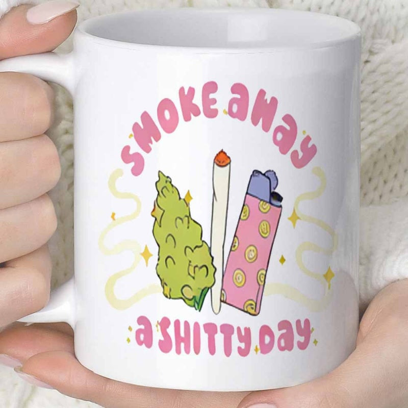 Tailorly White Ceramic 11 oz Mug - Smoke Away A Shitty Day Colorful Cartoon Herbal Bud With Pink Lighter And Joint Mug