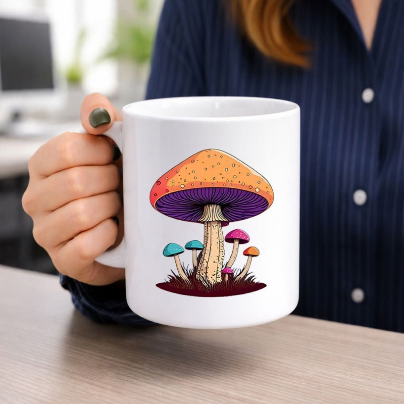 Tailorly White Ceramic 11 oz Mug - Vibrant Colorful Fantasy Forest Fungi Growing Among Dark Earth Under Soft Light Mushroom