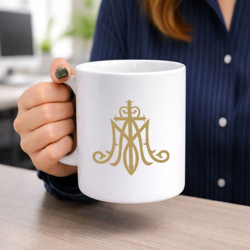 Tailorly White Ceramic 11 oz Mug - Golden Ornate Heraldic Monogram With Intricate Symmetrical Flowing Lines And Cross Emblem