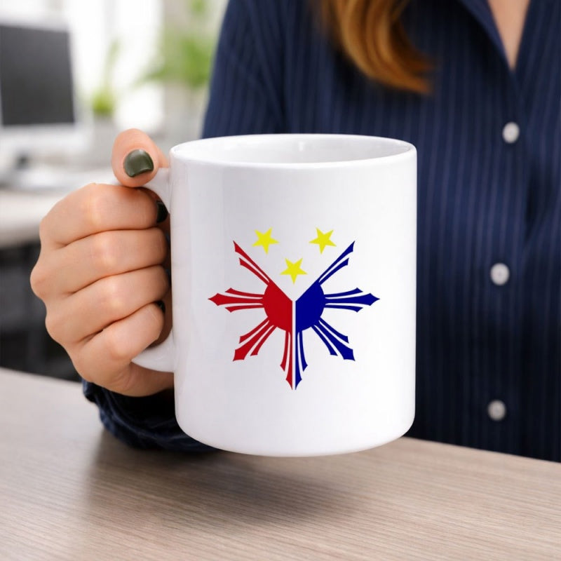 Tailorly White Ceramic 11 oz Mug - Patriotic Cultural Pattern Featuring Three Golden Stars Within Stylized Sun