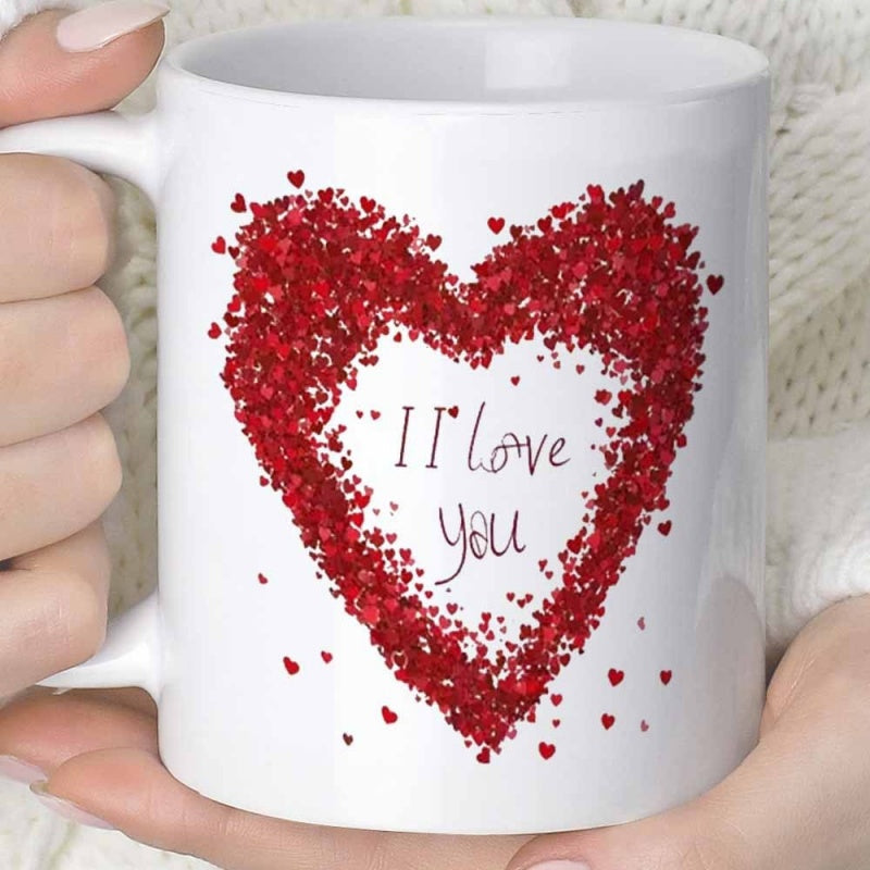 Tailorly White Ceramic 11 oz Mug - I'll Love You Tiny Red Confetti Shapes Forming A Large Sparkling Romantic Symbol Heart