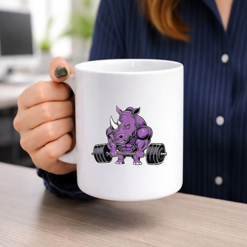 Tailorly White Ceramic 11 oz Mug - Strong Muscular Purple Bodybuilding Character Lifting Heavy Gym Barbell Rhinoceros
