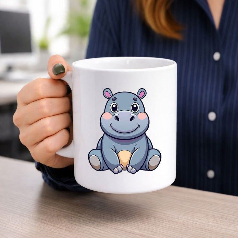 Tailorly White Ceramic 11 oz Mug - Cute Cartoon Animal Sitting Peacefully With Friendly Smile Adorable Hippo
