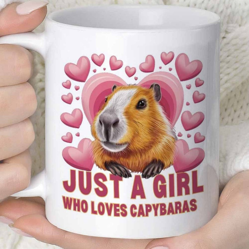 Tailorly White Ceramic 11 oz Mug - Just A Girl Who Loves Capybaras Adorable Brown Animal With Pink Hearts Floating In A Soft Atmosphere Capybara