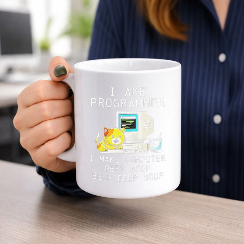 Tailorly White Ceramic 11 oz Mug - I Am Programmer I Make Computer Beep Beep Boop Adorable Cartoon Cat Sitting Next To A Vintage Desktop Computer Cat