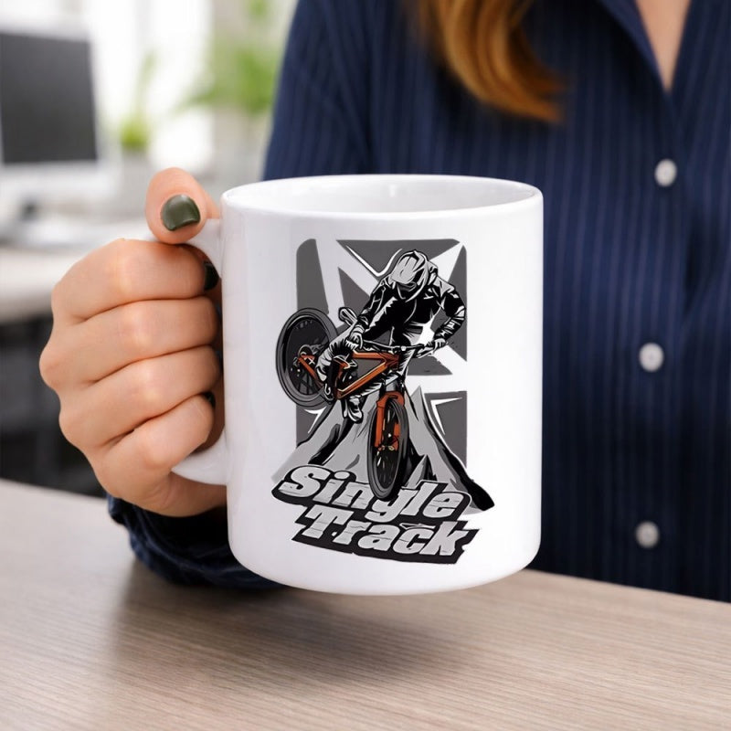 Tailorly White Ceramic 11 oz Mug - Single Track Dynamic Athlete Jumping High Over Mountain Paths Under Sharp Geometric Rays Cyclist