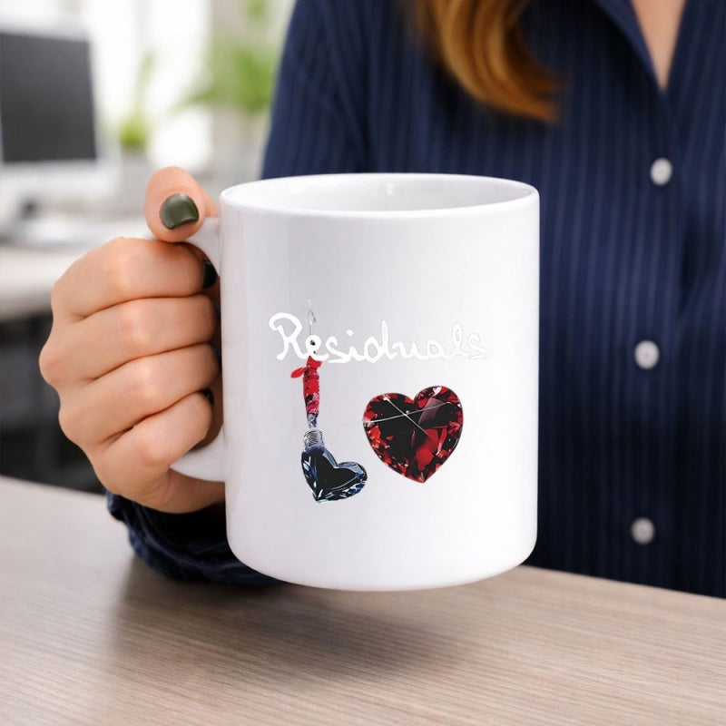 Tailorly White Ceramic 11 oz Mug - Residual Red Crystal And Black Ink Textures Inside Two Distinctive Stylized Heart