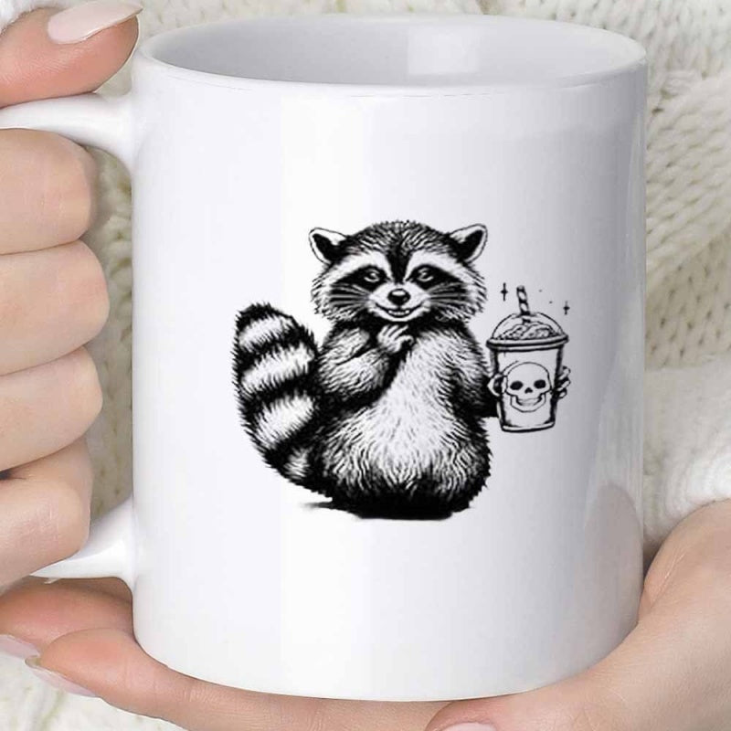 Tailorly White Ceramic 11 oz Mug - Hand Drawn Style Sketchy Raccoon Holding A Cup With Small Skull Raccoon