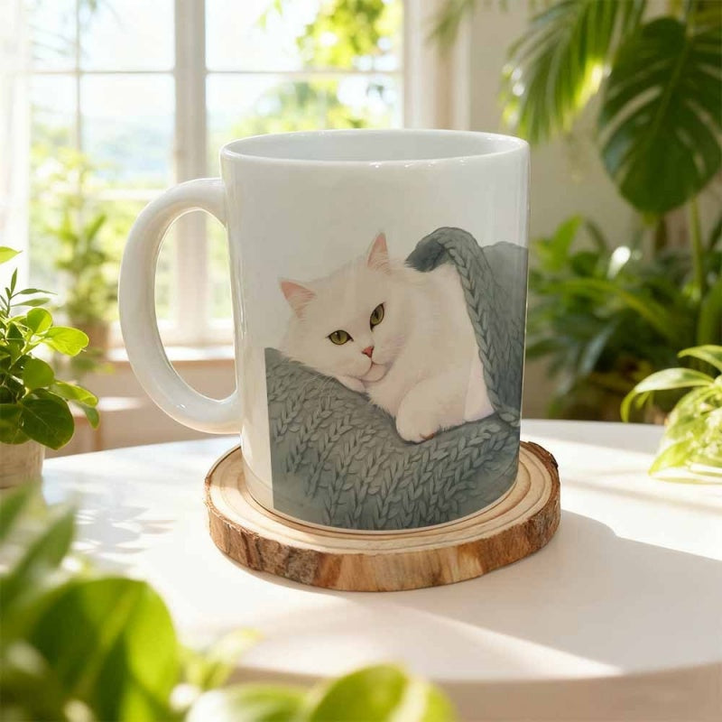 Tailorly White Ceramic 11 oz Mug - Cozy White Cat Wrapped In A Soft Textured Grey Blanket Cat
