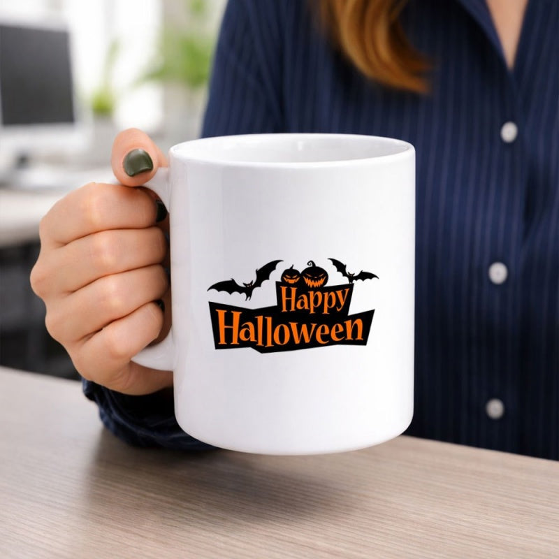 Tailorly White Ceramic 11 oz Mug - Happy Halloween Spooky Flying Bats With Smiling Orange Jack O Lantern Pumpkin