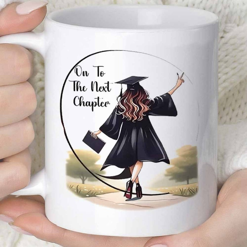 Tailorly White Ceramic 11 oz Mug - On To The Next Chapter Aspiring Female Student Walking Toward Sunlit Trees In Black Gown Graduate