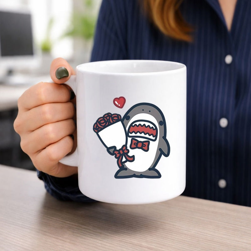 Tailorly White Ceramic 11 oz Mug - Cute Cartoon Sea Animal Wearing Bow Tie Holding A Bouquet Of Roses Shark
