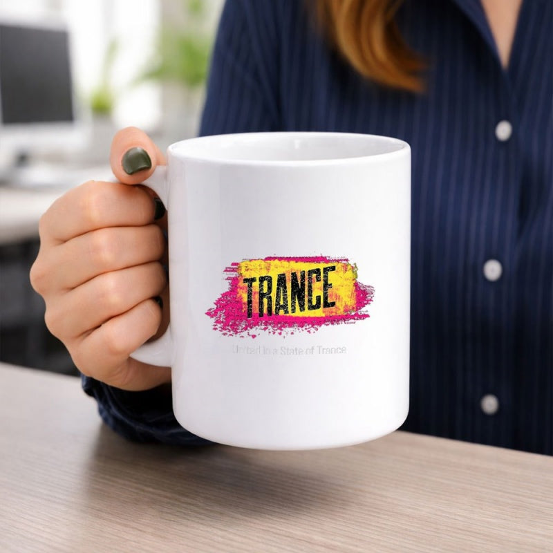 Tailorly White Ceramic 11 oz Mug - Trance Vibrant Pink And Yellow Splattered Paint Strokes With Modern Artistic Flair Pattern