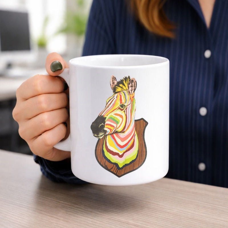 Tailorly White Ceramic 11 oz Mug - Vibrantly Painted Artistic Animal Head Mounted On Decorative Wooden Plaque Zebra