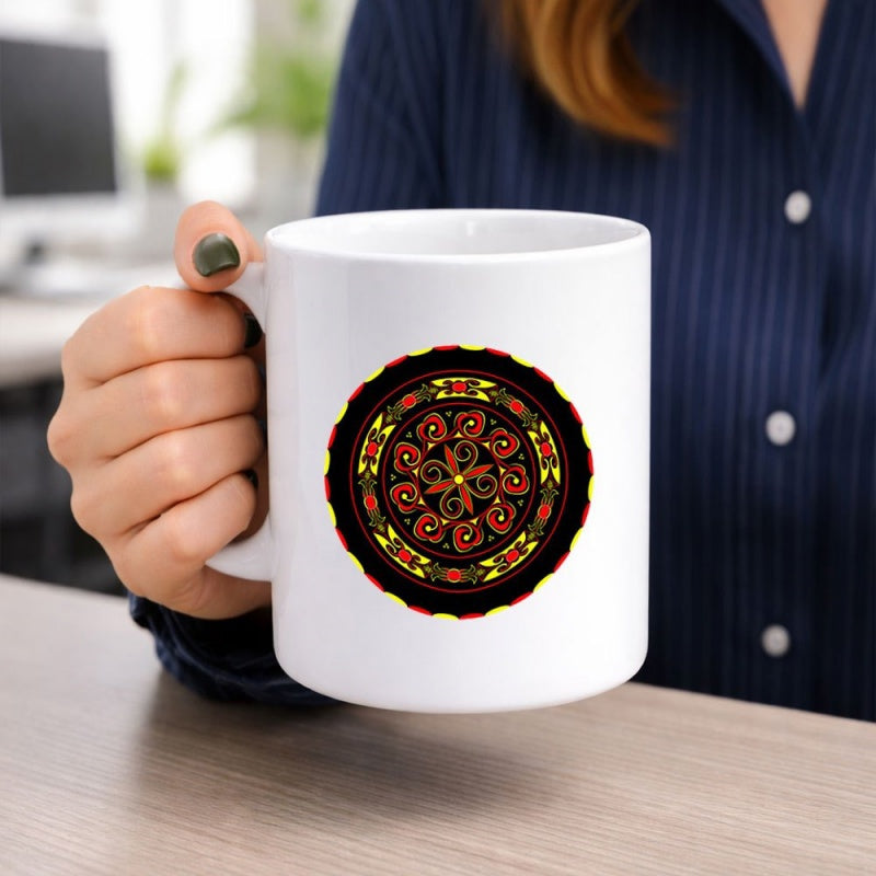 Tailorly White Ceramic 11 oz Mug - Traditional Slavic Folk Art Pattern With Intricate Red And Yellow Details Mandala