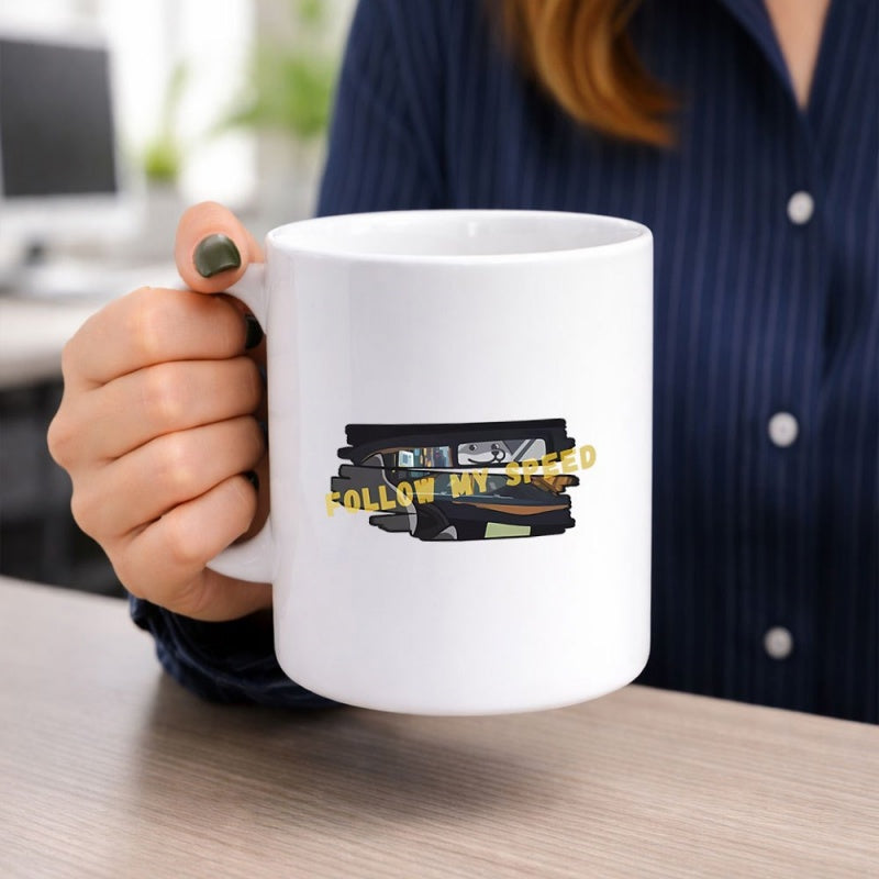 Tailorly White Ceramic 11 oz Mug - Follow My Speed Sleek Dark Aerodynamic Sports Car Racing Across A Minimalist White Background Car
