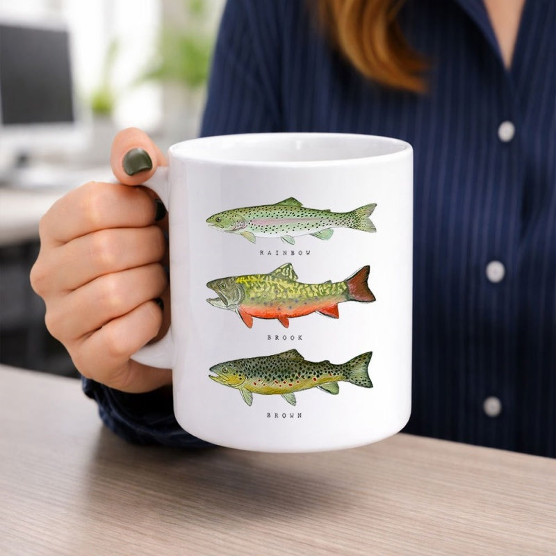 Tailorly White Ceramic 11 oz Mug - Rainbow Brook Brown Detailed Vintage Scientific Illustrations Of Different Freshwater Species Trout
