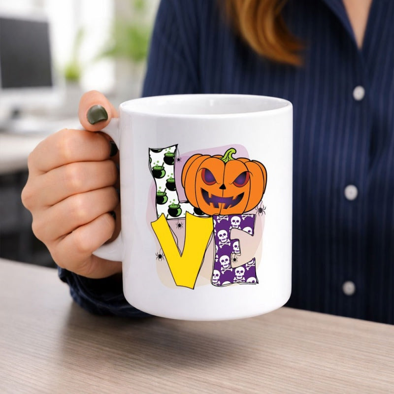 Tailorly White Ceramic 11 oz Mug - Love Spooky Jack O Lantern With Skulls And Cauldrons Featuring Bright Yellow Vibrant Mug
