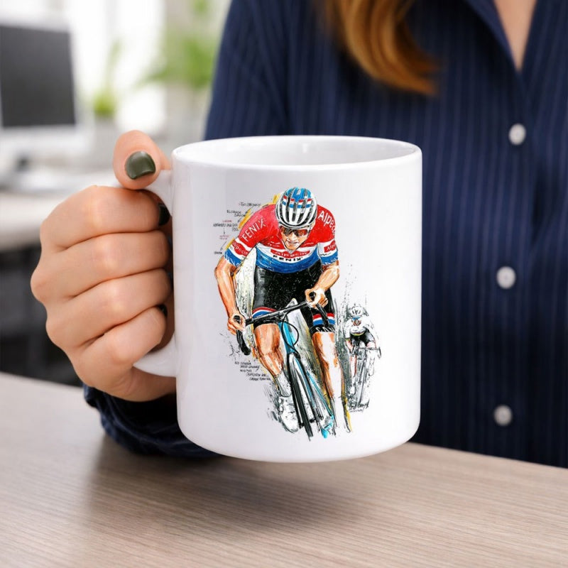 Tailorly White Ceramic 11 oz Mug - Professional Athlete Speeding On A Road Bike In Sketch Style Cyclist