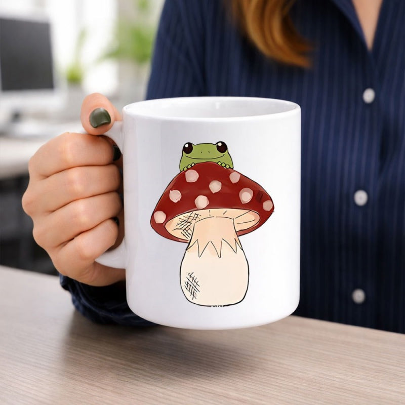 Tailorly White Ceramic 11 oz Mug - Adorable Tiny Green Frog Perched Upon A Spotted Red Forest Mushroom