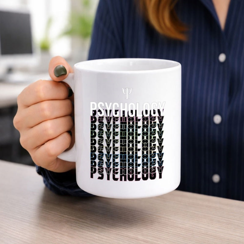 Tailorly White Ceramic 11 oz Mug - Psychology Repeated Vertical Text Featuring Prismatic Colors Under Greek Psi Symbol Sign