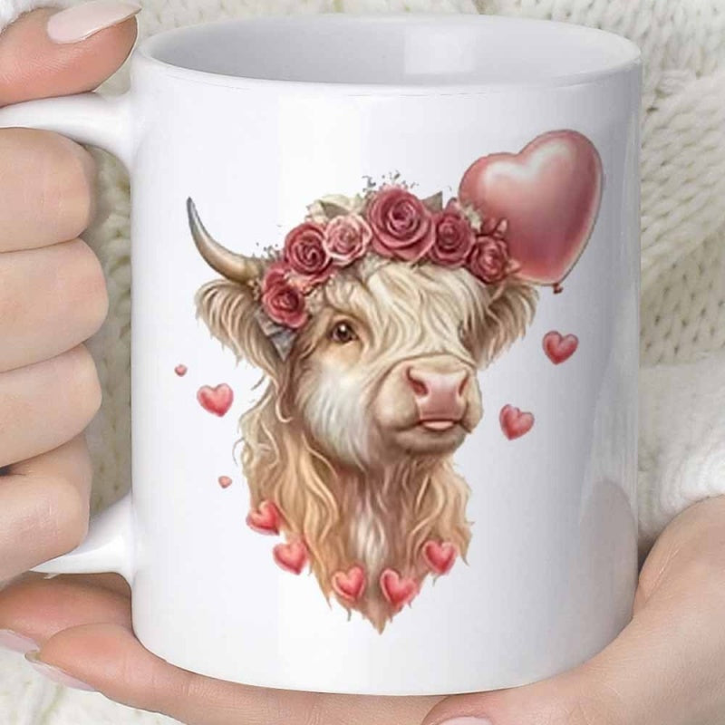 Tailorly White Ceramic 11 oz Mug - Adored Highland With Delicate Rose Crown And Floating Heart Balloons Cute Cow