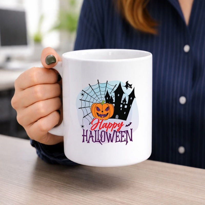 Tailorly White Ceramic 11 oz Mug - Happy Halloween Spooky Haunted House With Spider Web And Flying Witch Smiling Pumpkin