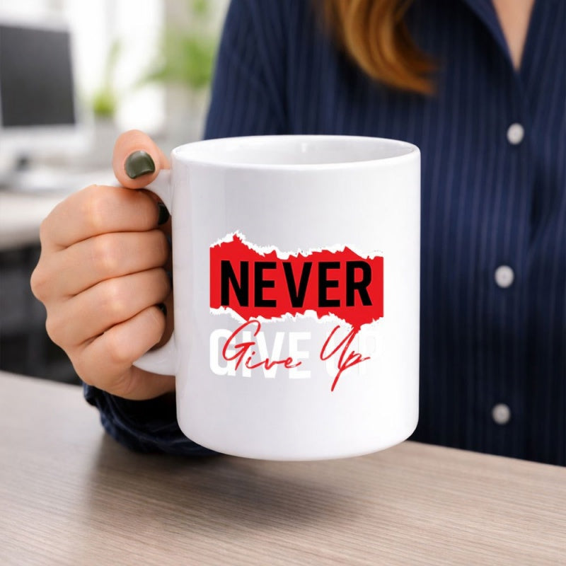 Tailorly White Ceramic 11 oz Mug - Never Give Up Bold Red Distressed Background With Elegant Cursive Script Motivational Mug
