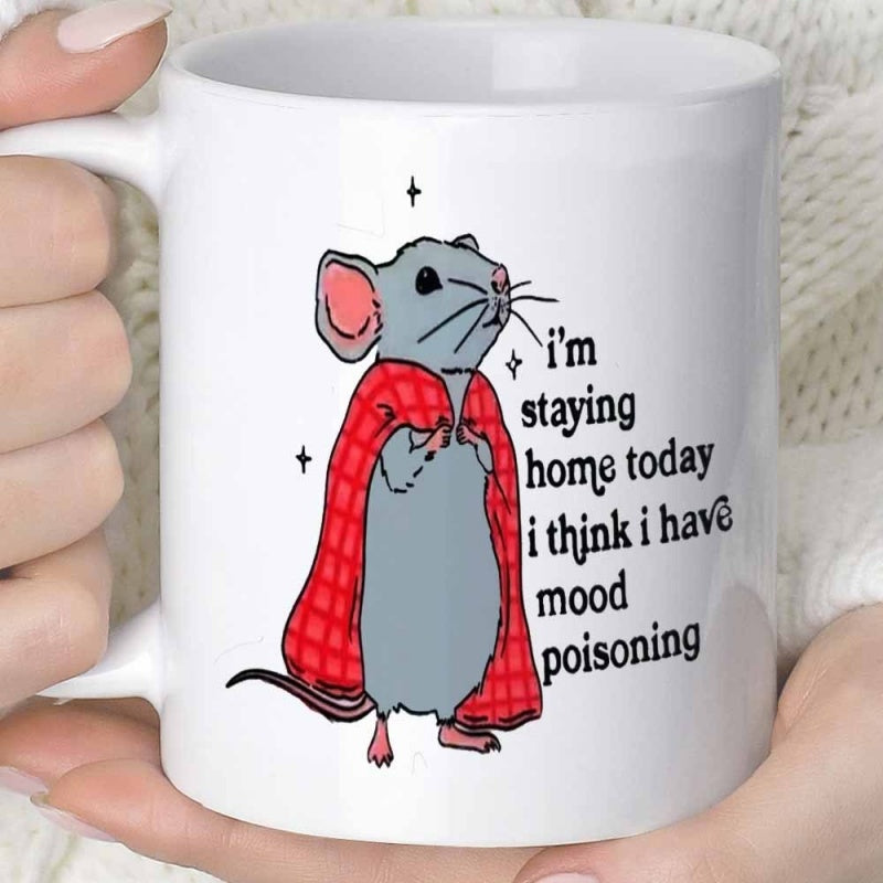 Tailorly White Ceramic 11 oz Mug - Im Staying Home Today I Think I Have Mood Poisoning Wearing A Cozy Red Checkered Blanket With Sparkles Standing Mouse