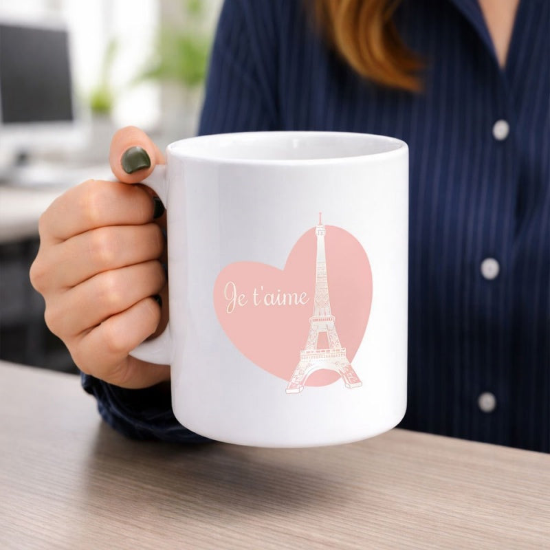 Tailorly White Ceramic 11 oz Mug - Pink Heart Featuring Iconic French Landmark Silhouette Under Soft Lighting Eiffel Tower