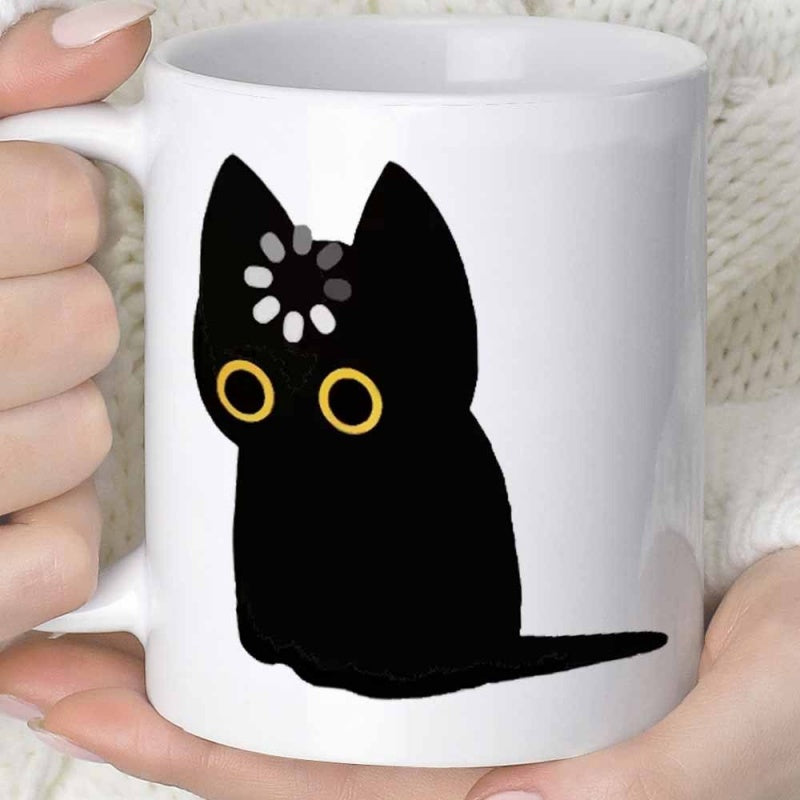 Tailorly White Ceramic 11 oz Mug - Minimalist Cartoon Style Black Kitten With Buffering Loading Icon Symbol Cat