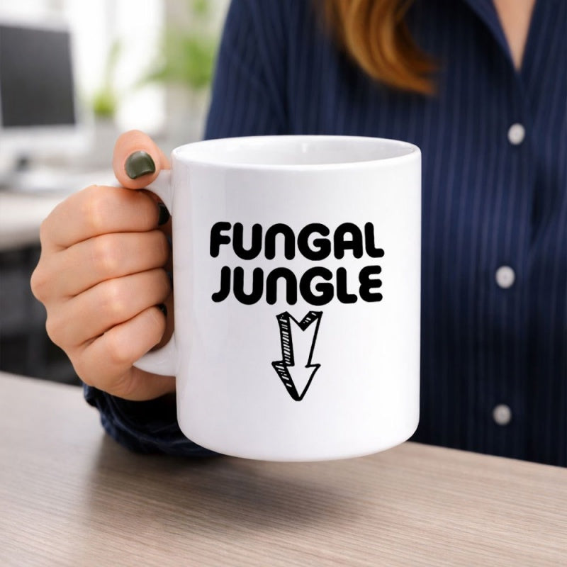 Tailorly White Ceramic 11 oz Mug - Fungal Jungle Minimalist Featuring Black Hand Drawn Downward Arrow Mug
