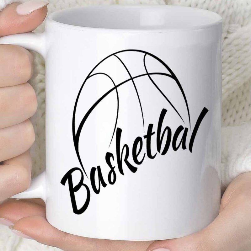 Tailorly White Ceramic 11 oz Mug - Basketball Minimalist Black Line Art Outlining The Curved Top Of A Sports Basketball