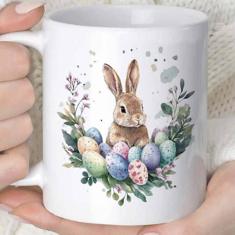 Tailorly White Ceramic 11 oz Mug - Adorable Watercolor Rabbit Surrounded By Beautiful Pastel Colored Eggs And Leaves Rabbit