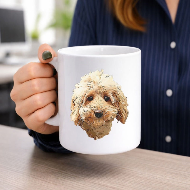 Tailorly White Ceramic 11 oz Mug - Fluffy Brown Poodle Head With Curly Fur And Gentle Eyes Dog