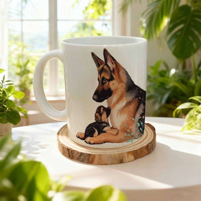 Tailorly White Ceramic 11 oz Mug - Protective Mother Dog Nestling With Tiny Puppy On Sunlit Ceramic Surface German Shepherd