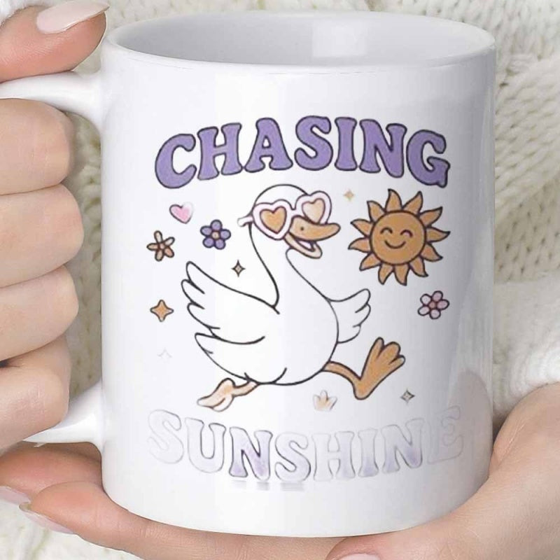 Tailorly White Ceramic 11 oz Mug - Chasing Sunshine Happy Cartoon Goose Wearing Heart Sunglasses Running Under Smiling Sun Goose