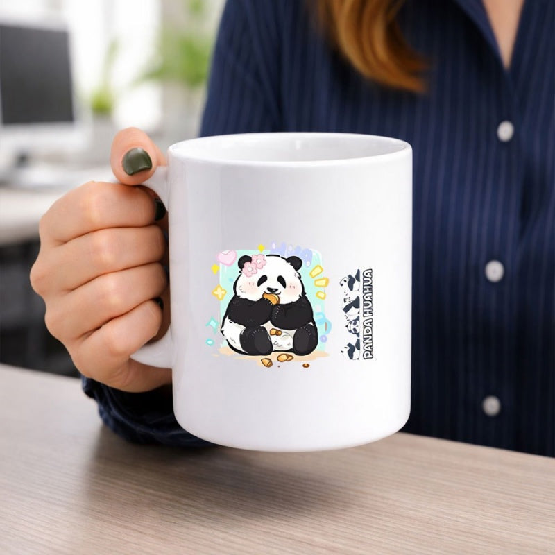 Tailorly White Ceramic 11 oz Mug - Adorable Chubby Panda Eating Cookies Among Sparkles And Hearts Panda