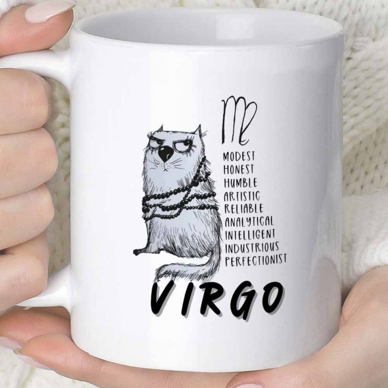Tailorly White Ceramic 11 oz Mug - Virgo Modest Honest Humble Artistic Reliable Analytical Intelligent Industrious Perfectionist Hand Drawn Sketch Grumpy Animal