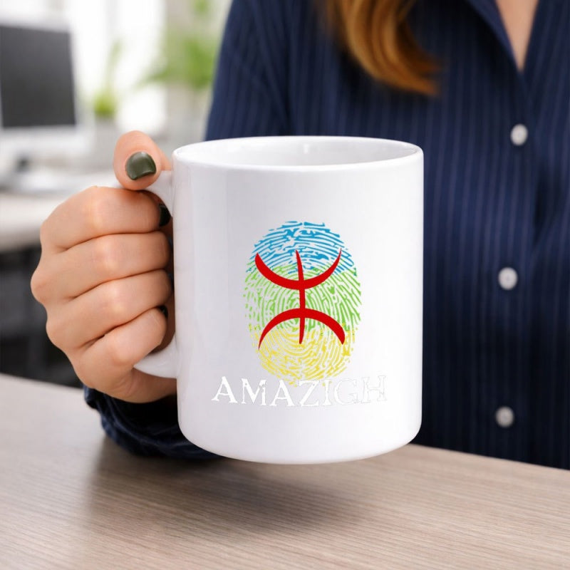 Tailorly White Ceramic 11 oz Mug - Amazigh Colorful Fingerprint With Cultural Symbol Featuring Traditional Berber Flag Colors Fingerprint