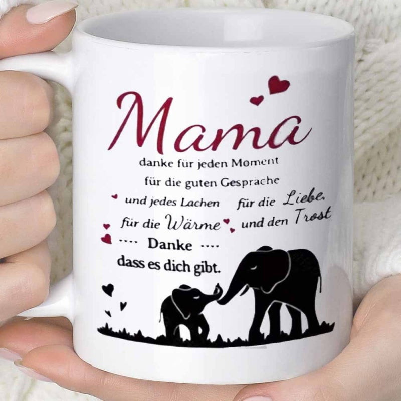 Tailorly White Ceramic 11 oz Mug - Silhouettes Of Mother And Baby Elephant Touching Trunks Among Floating Hearts Elephant