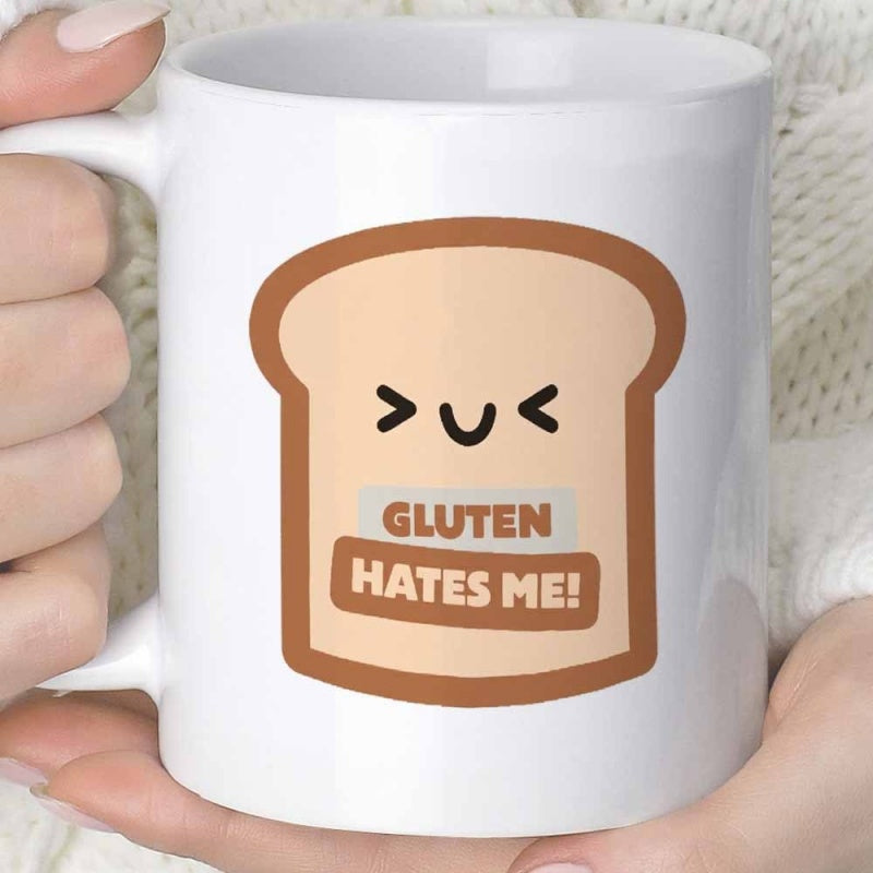 Tailorly White Ceramic 11 oz Mug - Gluten Hates Me Kawaii Smiling Bread With Playful Expression And Bold Humorous Typography Toast