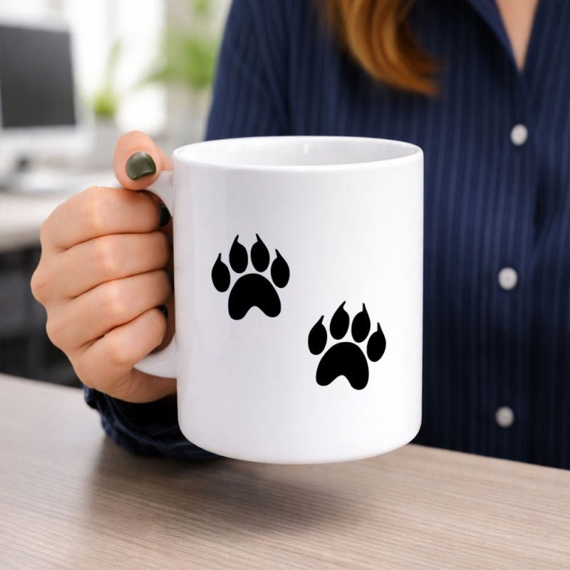 Tailorly White Ceramic 11 oz Mug - Minimalist Black Silhouetted Animal Tracks Set On Clean White Background Paw Print