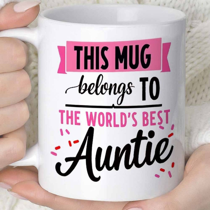 Tailorly White Ceramic 11 oz Mug - This Mug Belongs To The Worlds Best Auntie Minimalist Featuring Pink Banner Accents Mug