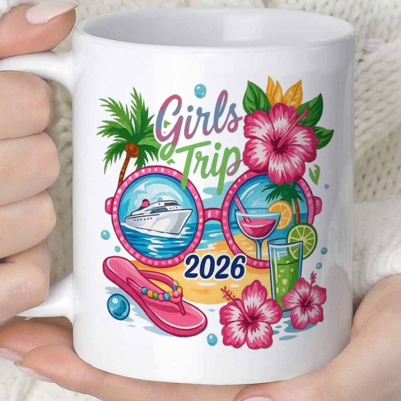 Tailorly White Ceramic 11 oz Mug - Girls Trip 2026 Tropical Hibiscus Flowers With A Cruise Ship Inside Pink Sunglasses