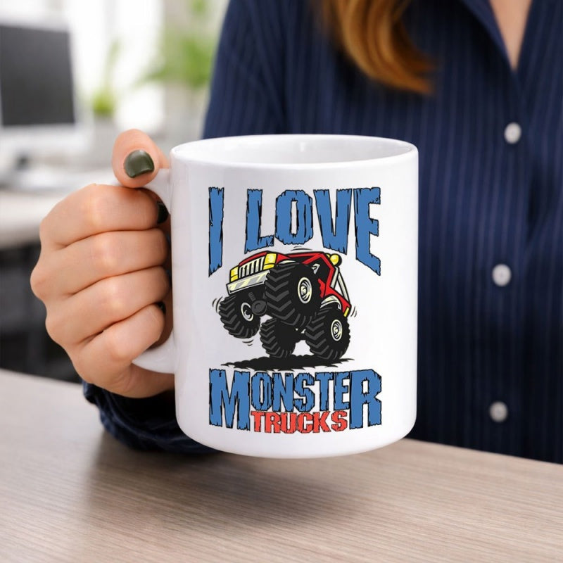 Tailorly White Ceramic 11 oz Mug - I Love Monster Trucks Powerful Red Vehicle With Massive Tires Jumping On Rough Terrain Truck
