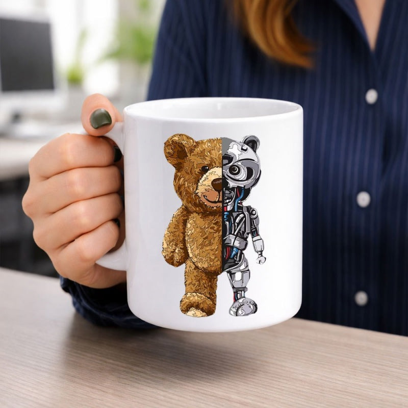 Tailorly White Ceramic 11 oz Mug - Half Fuzzy Brown Plush Toy Combined With Futuristic Mechanical Cybernetic Bear