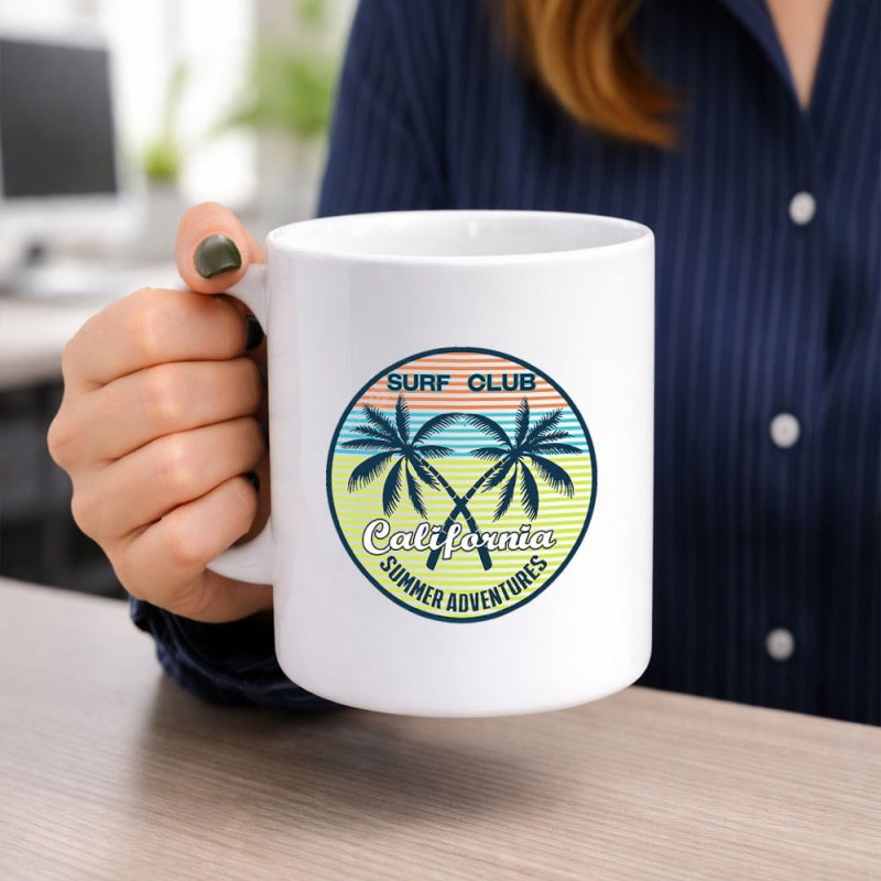 Tailorly White Ceramic 11 oz Mug - Surf Club California Summer Adventures Vintage Retro Sunset Silhouette With Crossing Palm Tree